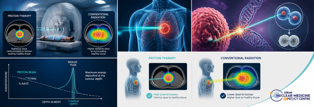 Proton therapy treatment targeting a cancer tumour with precision while limiting radiation exposure to nearby healthy tissues