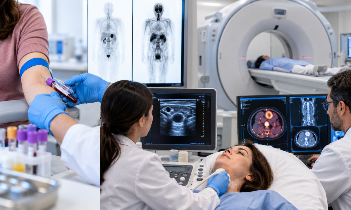 Follow-up tests after radioactive iodine therapy, including thyroglobulin blood tests, neck ultrasound and iodine scans.