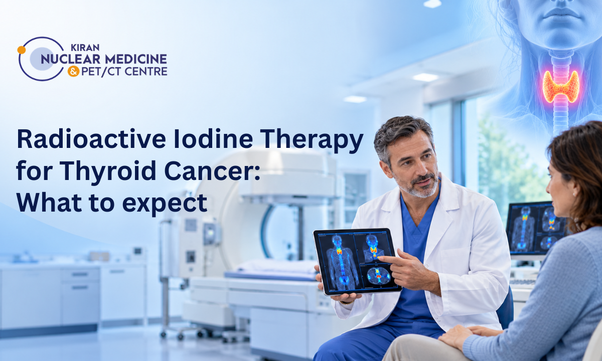 Radioactive iodine therapy for thyroid cancer targeting remaining thyroid tissue after surgery.