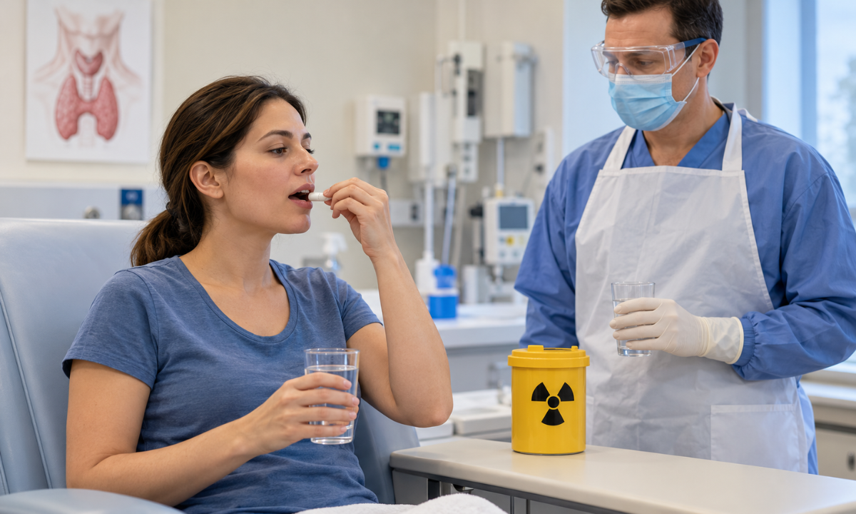 Radioactive iodine treatment process for thyroid cancer, including preparation, I-131 administration and radiation safety precautions.