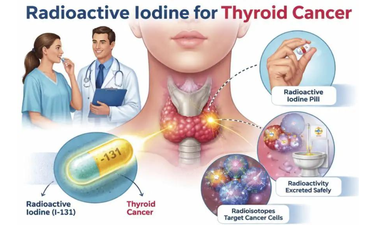 Medical illustration showing how radioactive iodine targets residual thyroid cells after thyroid cancer surgery.